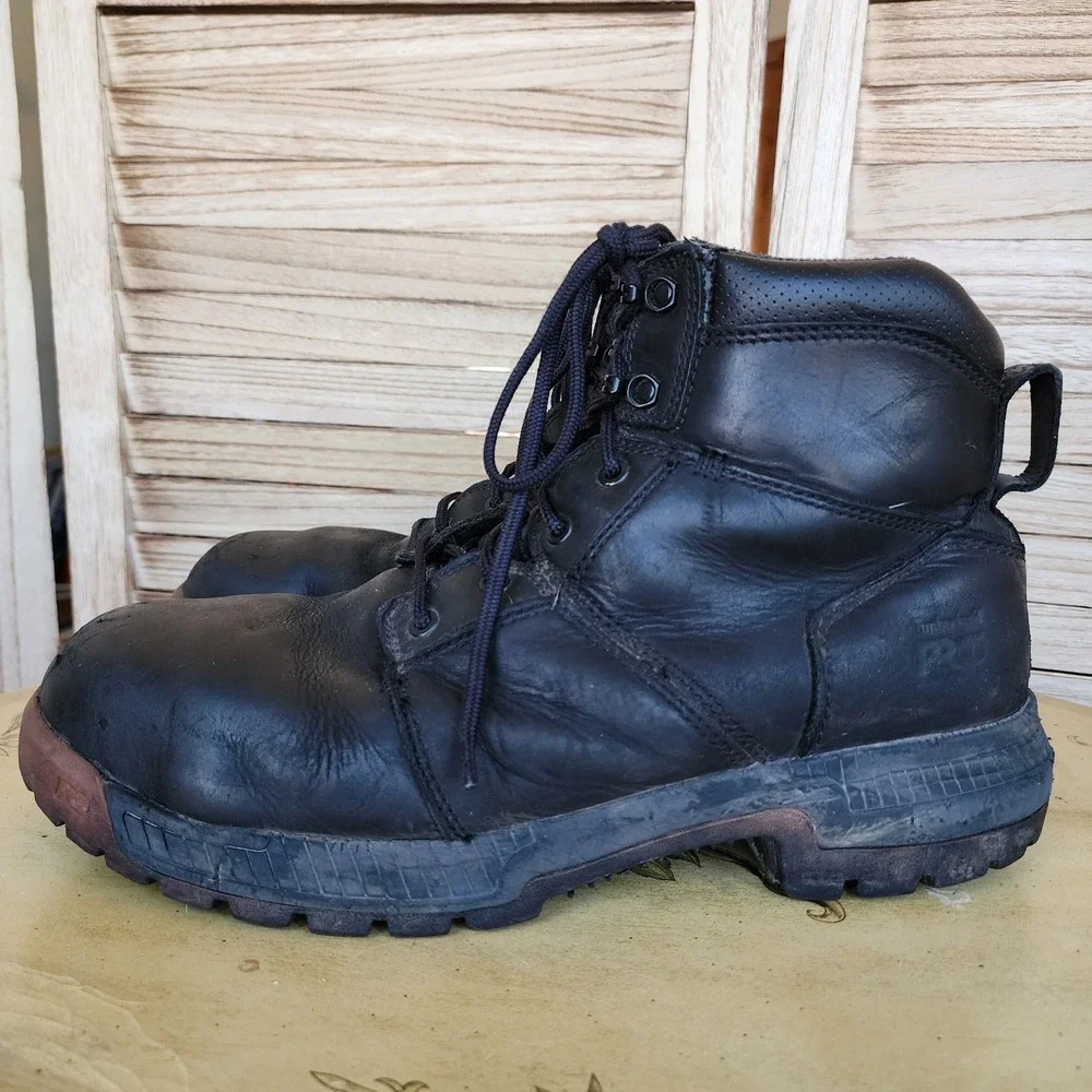 Timberland PRO Sz 12M Black Leather Work Boots Safety Toe Utility Construction